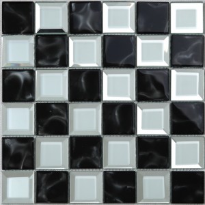 Küche Badezimmer schwarz und weiß abgeschrägte Kante Spiegelglas Mosaikwand Fliesen Schach
