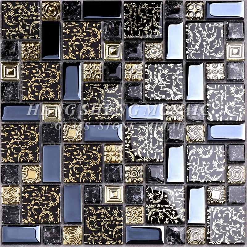 HDT02 Arabesque New Design Gold Linie laminiert schwarz Glas Kunst Blume Mosaik Muster Fliesen für Küche Backsplash Wand